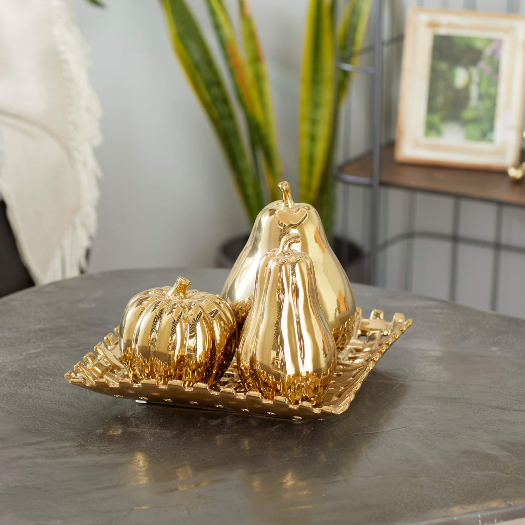 Set of 4 Gold Stoneware Glam Fruit Sculpture, 11" x 8"